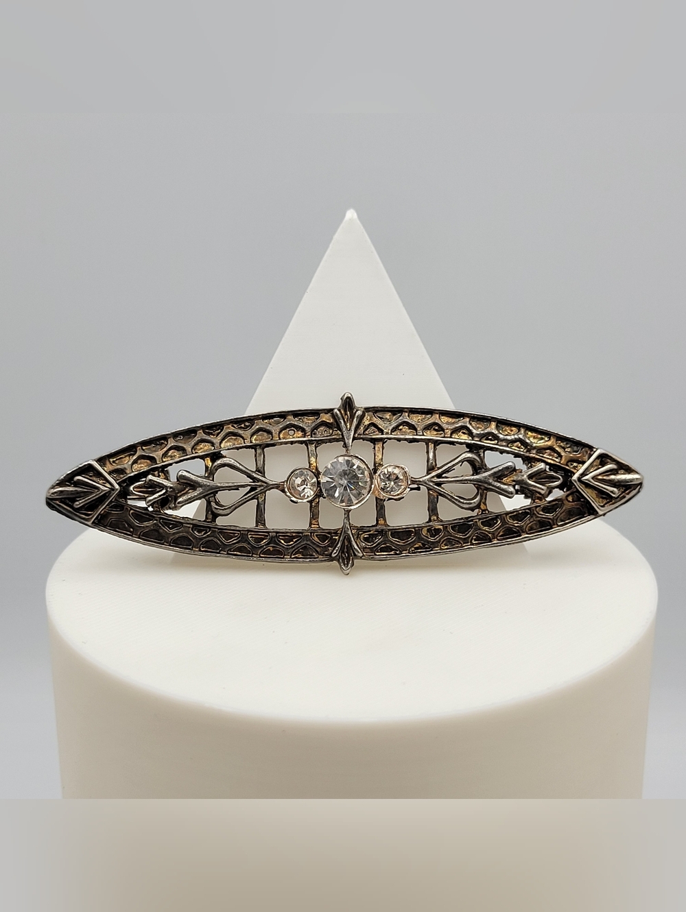 Vintage Art Deco-Style Navette Bar Brooch Rhinestone Openwork Silver Tone 3"